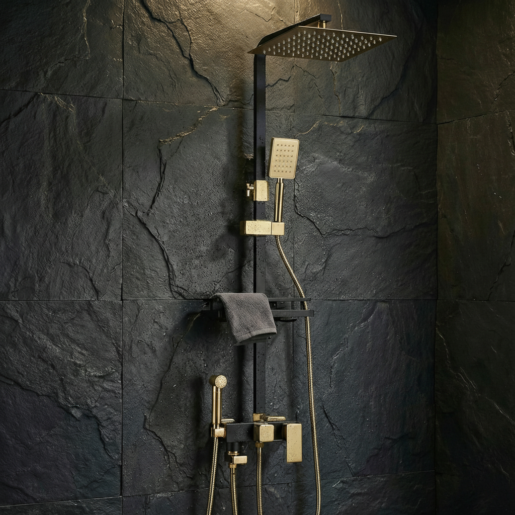 Colonne de douche avec pomme de pluie et douchette – Noir et or