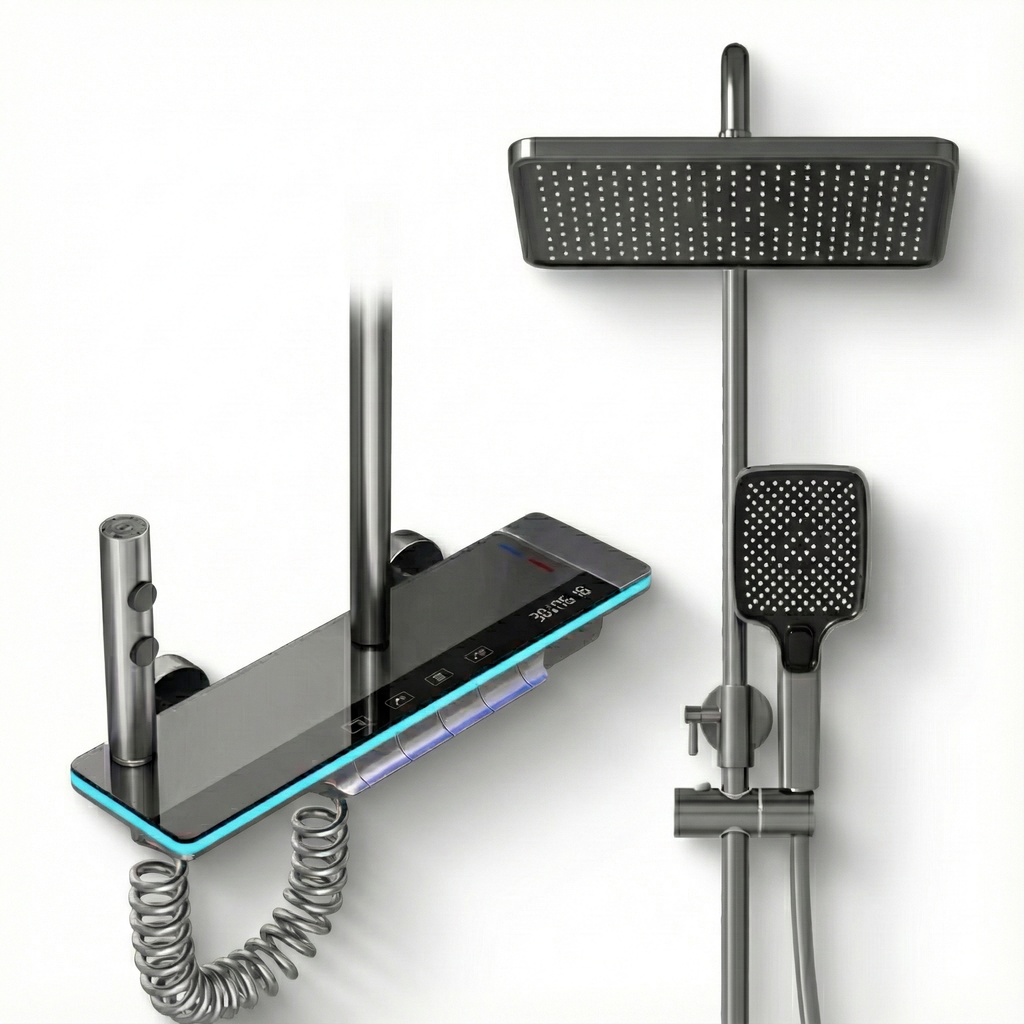 Système de douche avec panneau en verre et affichage numérique – Gris