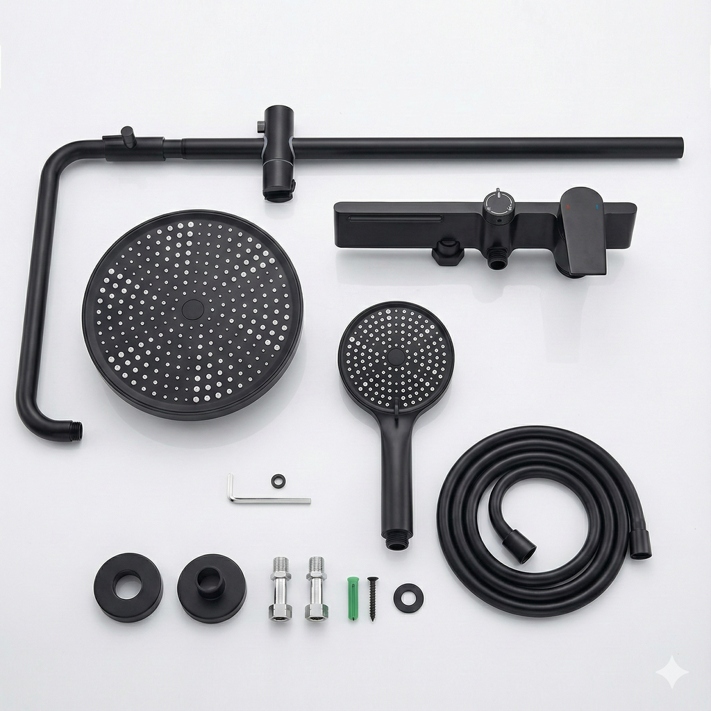 Colonne de douche multifonctions 3 voies thermostatique en laiton – Noir