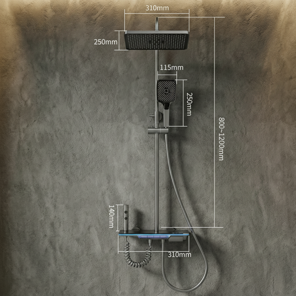 Système de douche avec panneau en verre et affichage numérique – Gris