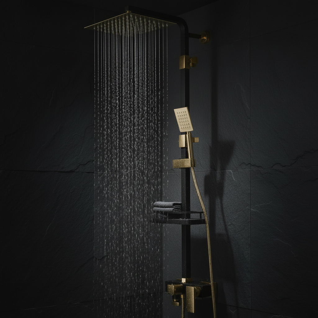 Colonne de douche avec pomme de pluie et douchette – Noir et or