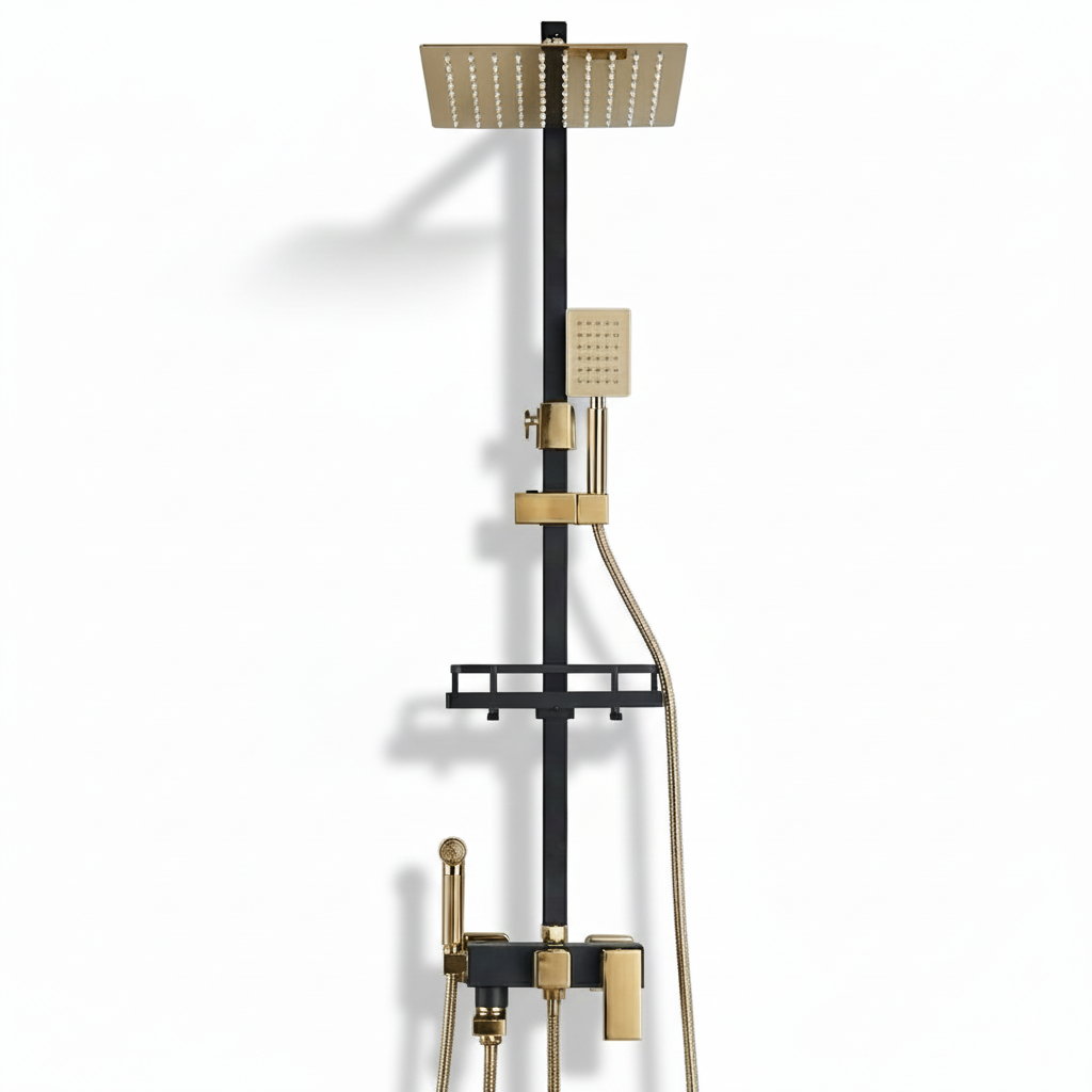 Colonne de douche avec pomme de pluie et douchette – Noir et or