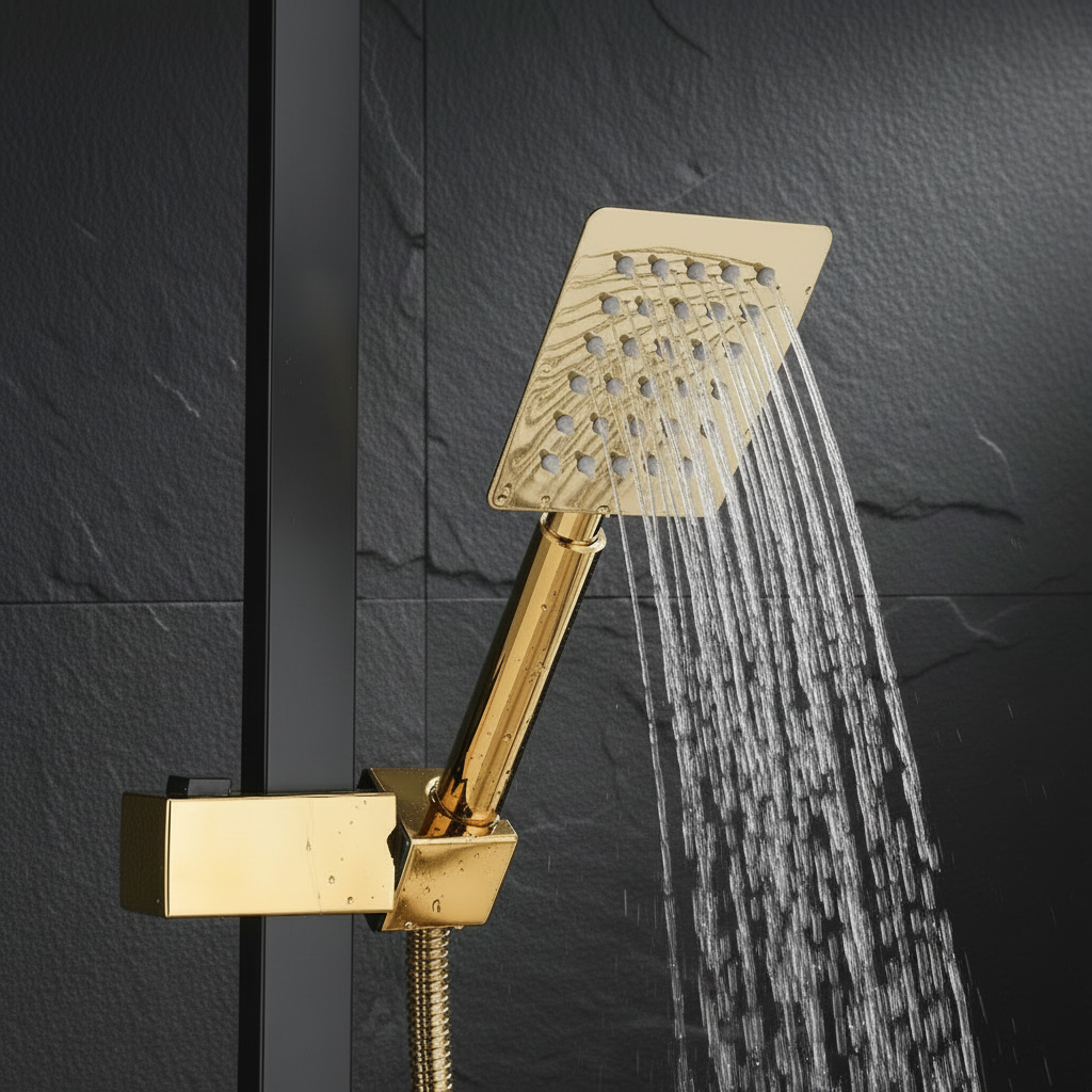 Colonne de douche avec pomme de pluie et douchette – Noir et or