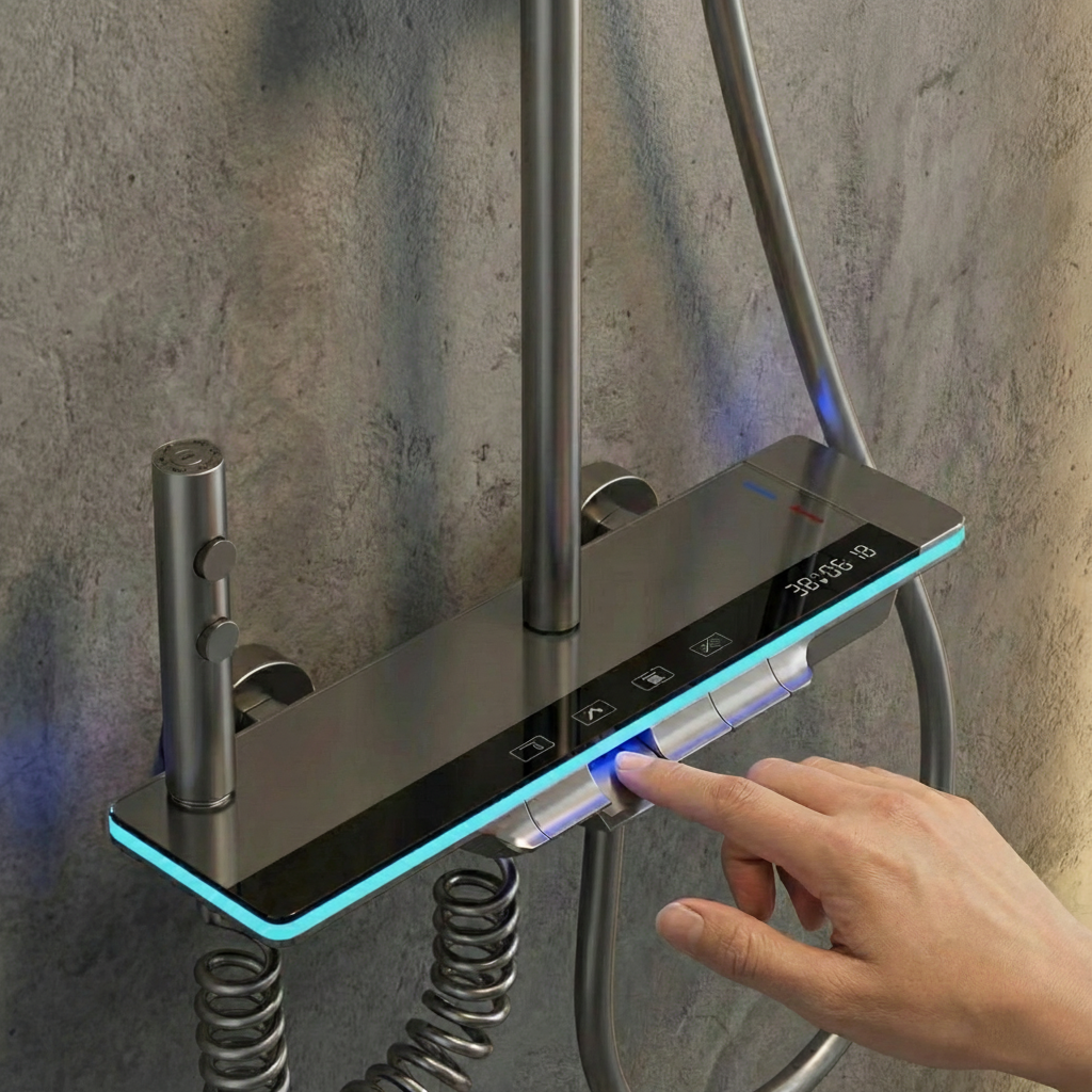 Système de douche avec panneau en verre et affichage numérique – Gris