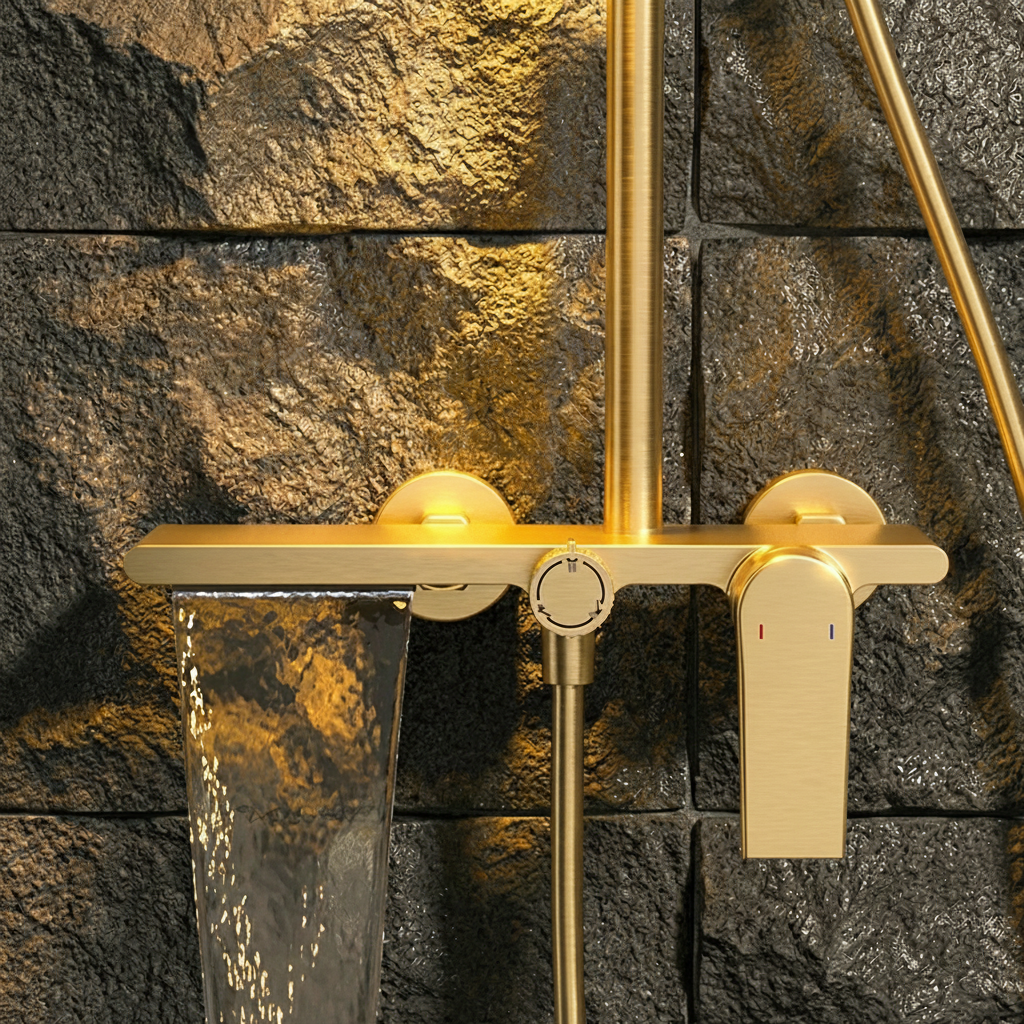 Colonne de douche thermostatique 3 voies en laiton brossé – Doré