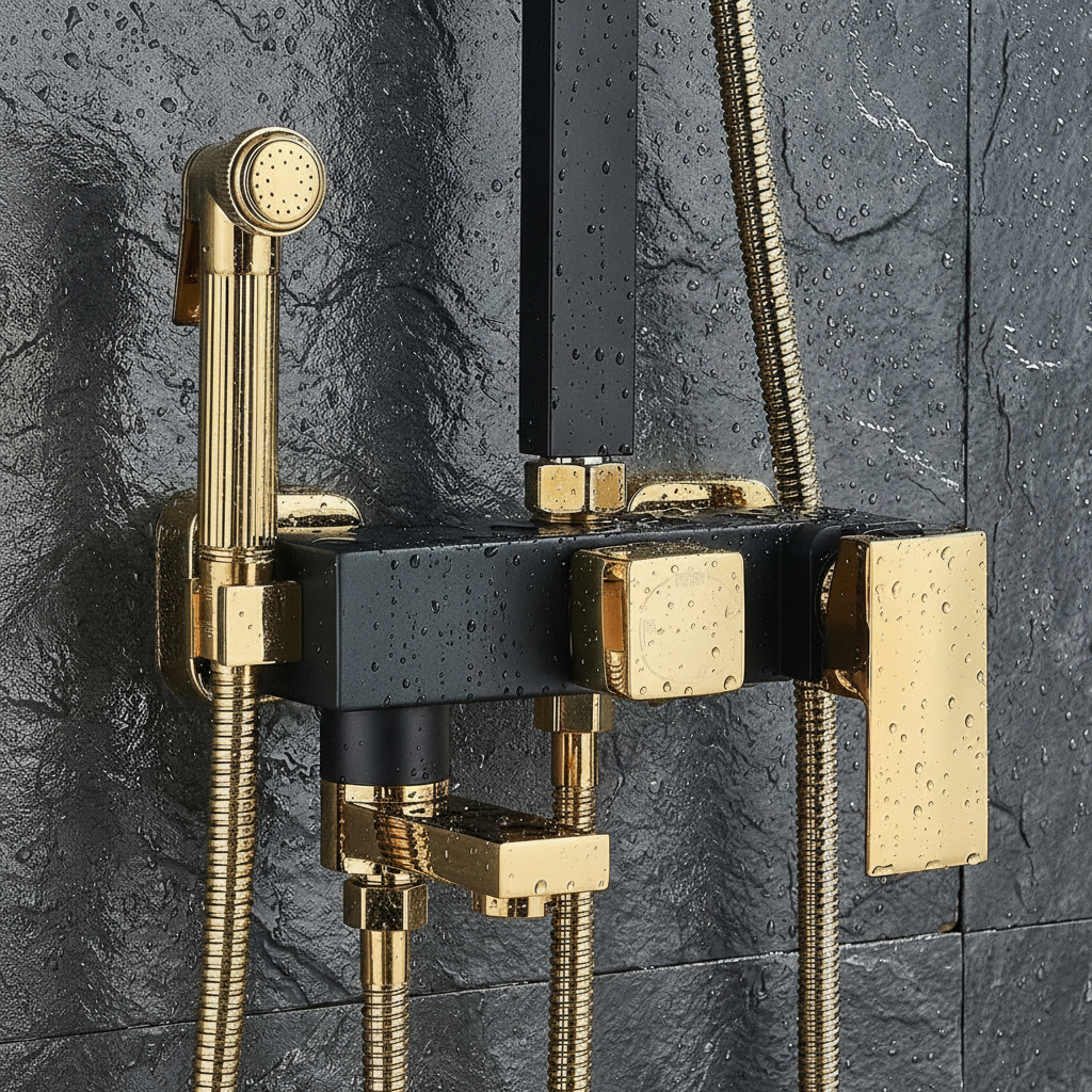 Colonne de douche avec pomme de pluie et douchette – Noir et or