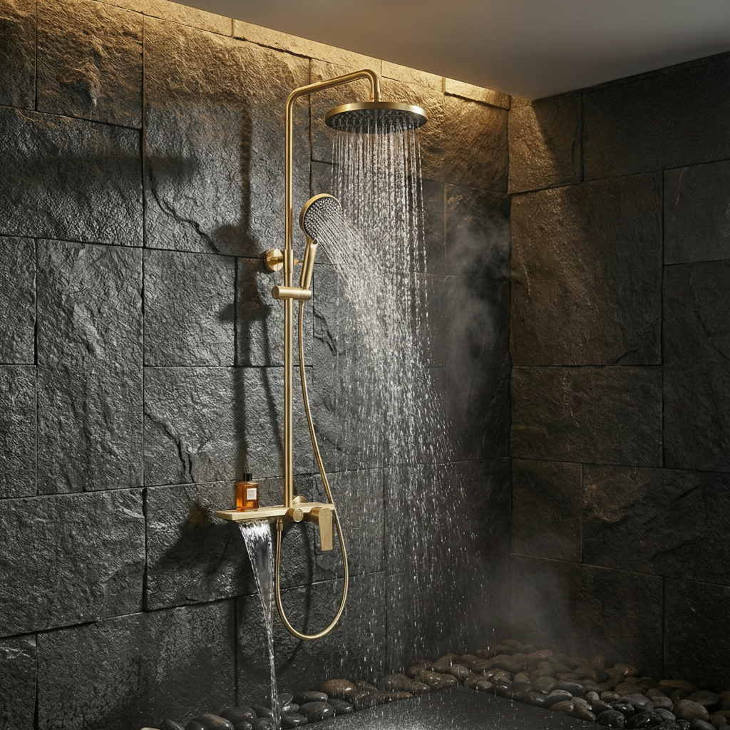 Colonne de douche thermostatique 3 voies en laiton brossé – Doré